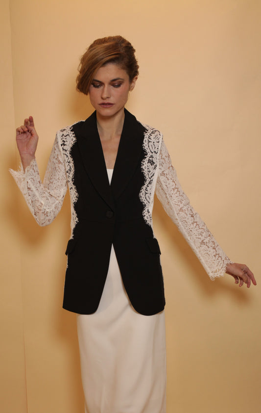 Bridal lace jacket, tailored jacket with white lace, Cotton bicolor jacket with lace, bridal cover up, wedding accessories,