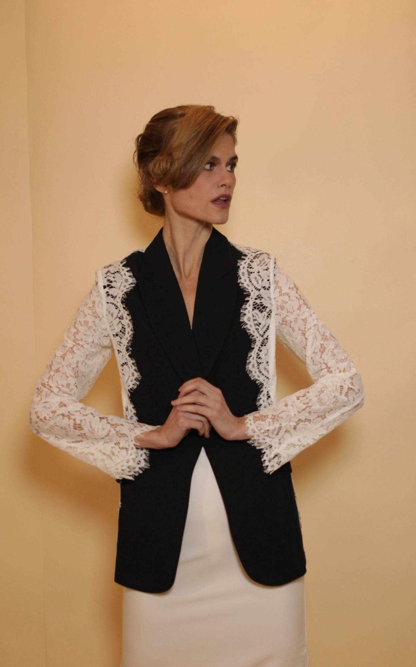 Bridal lace jacket, tailored jacket with white lace, Cotton bicolor jacket with lace, bridal cover up, wedding accessories,