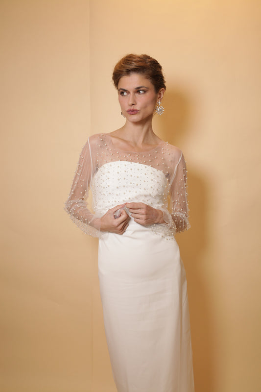 Pearls and crystals embroidered tulle t-shirt,Bridal cover up, wedding accessories,