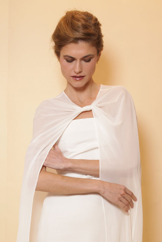 Minimalist bridal cape with knot detail, bridal shoulder cover, simple bridal accessories, minimalist wedding look