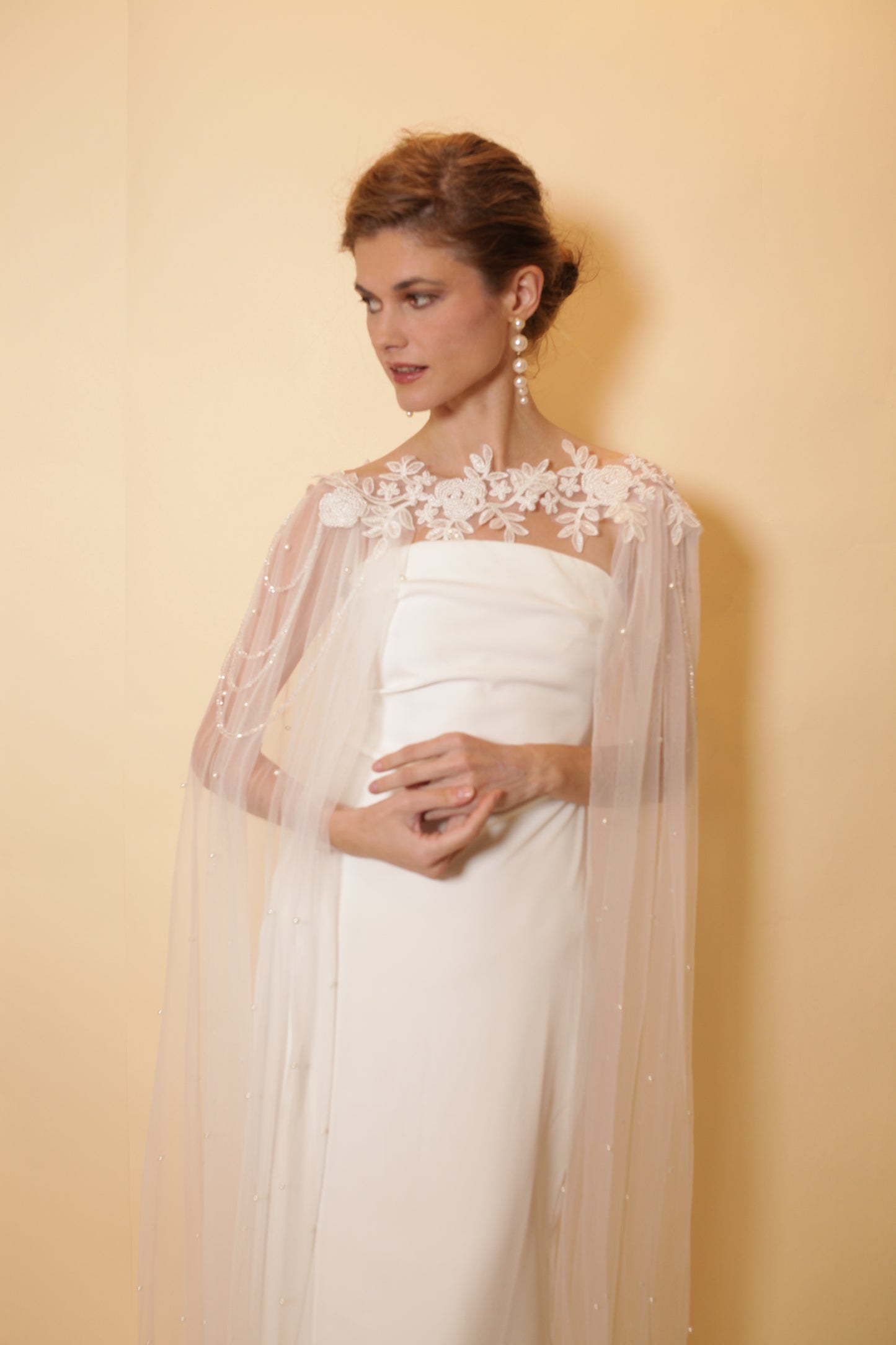 Bridal tulle cape with lace and pearls neckline, long cape with train, shoulder cover, bridal cover up, bridal accessories