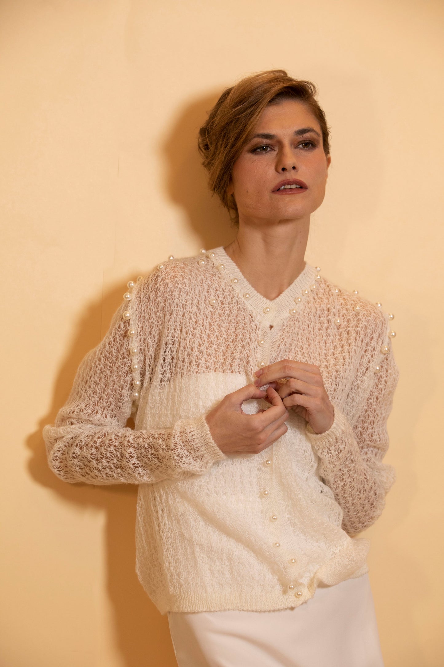 Wool lace sweater, Bridal cover up, sweater with pearls, white sweater jacket, bridal accessories